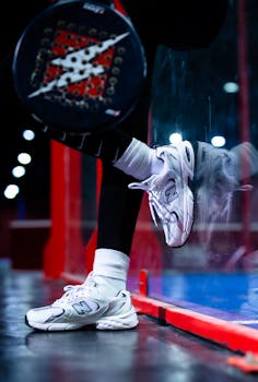 Close-up of person with padel racket and sneakers on a vibrant court.