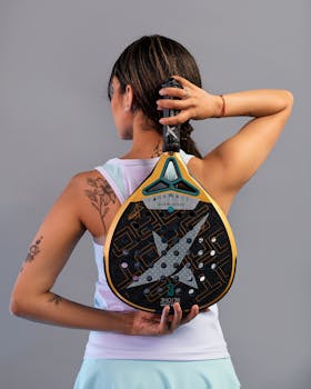 Back view of a female athlete holding a padel racket, showcasing tattoos and sporty attire.